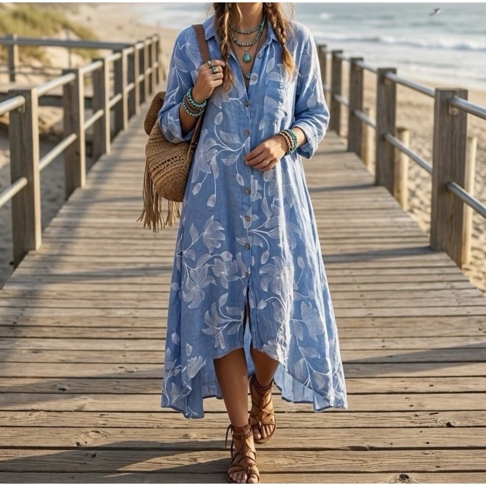 Italian Linen OS (S-L) Blue Floral 100% Linen Made in Italy Puro Lino Dress